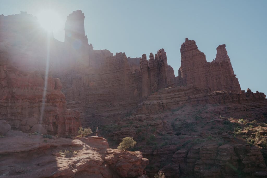 Fisher Towers elopement location near Moab during sunrise in the spring